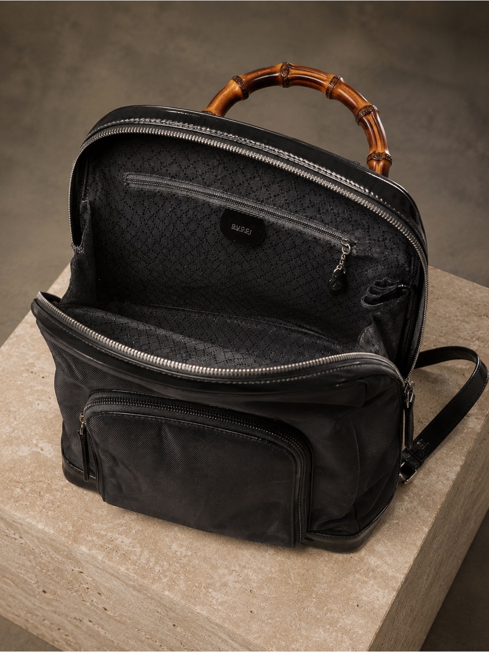 Gucci Black Canvas and Patent Leather Backpack with Bamboo Top Handle and COA - Picture 5 of 7